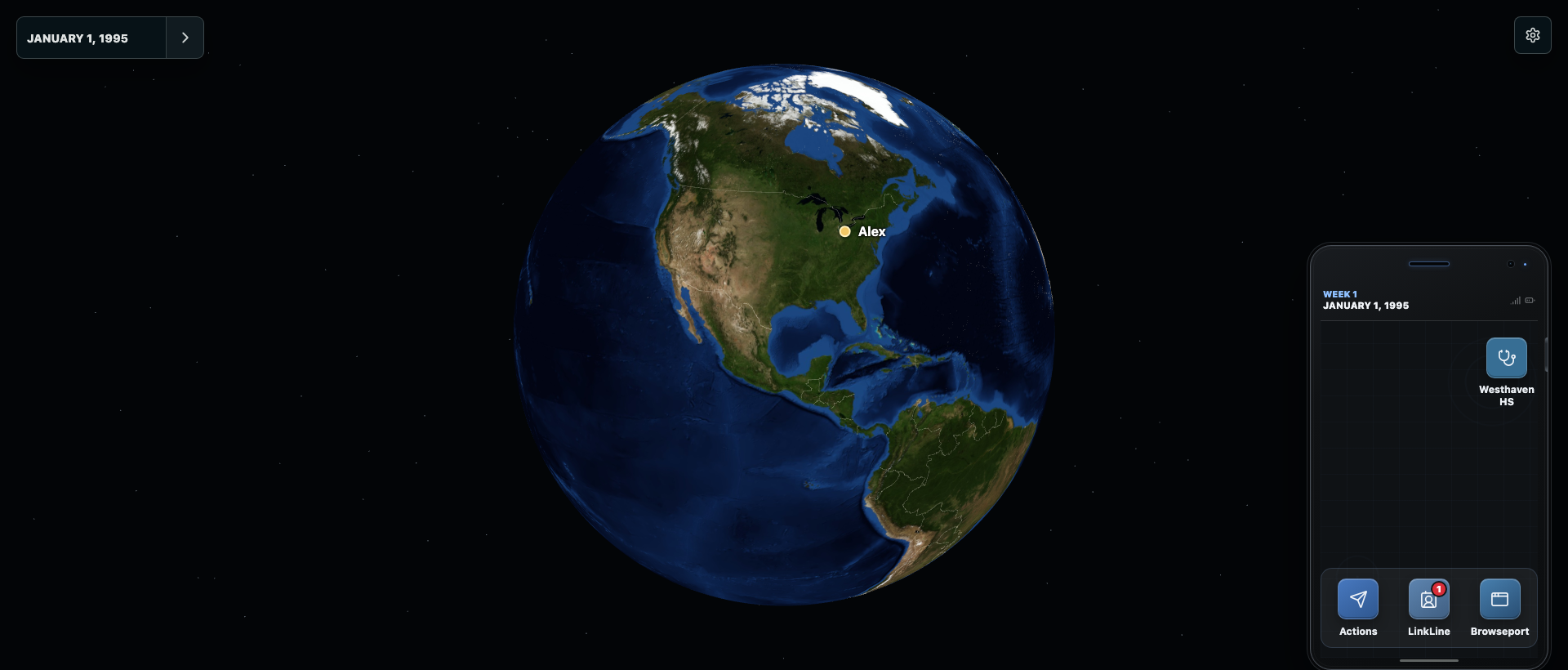 Example game view: Earth and a player marker in Cleveland beside the reworked phone home screen.